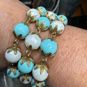 Vintage pre-1955 Crown Trifari Triple  3 strand bracelet Blue and White